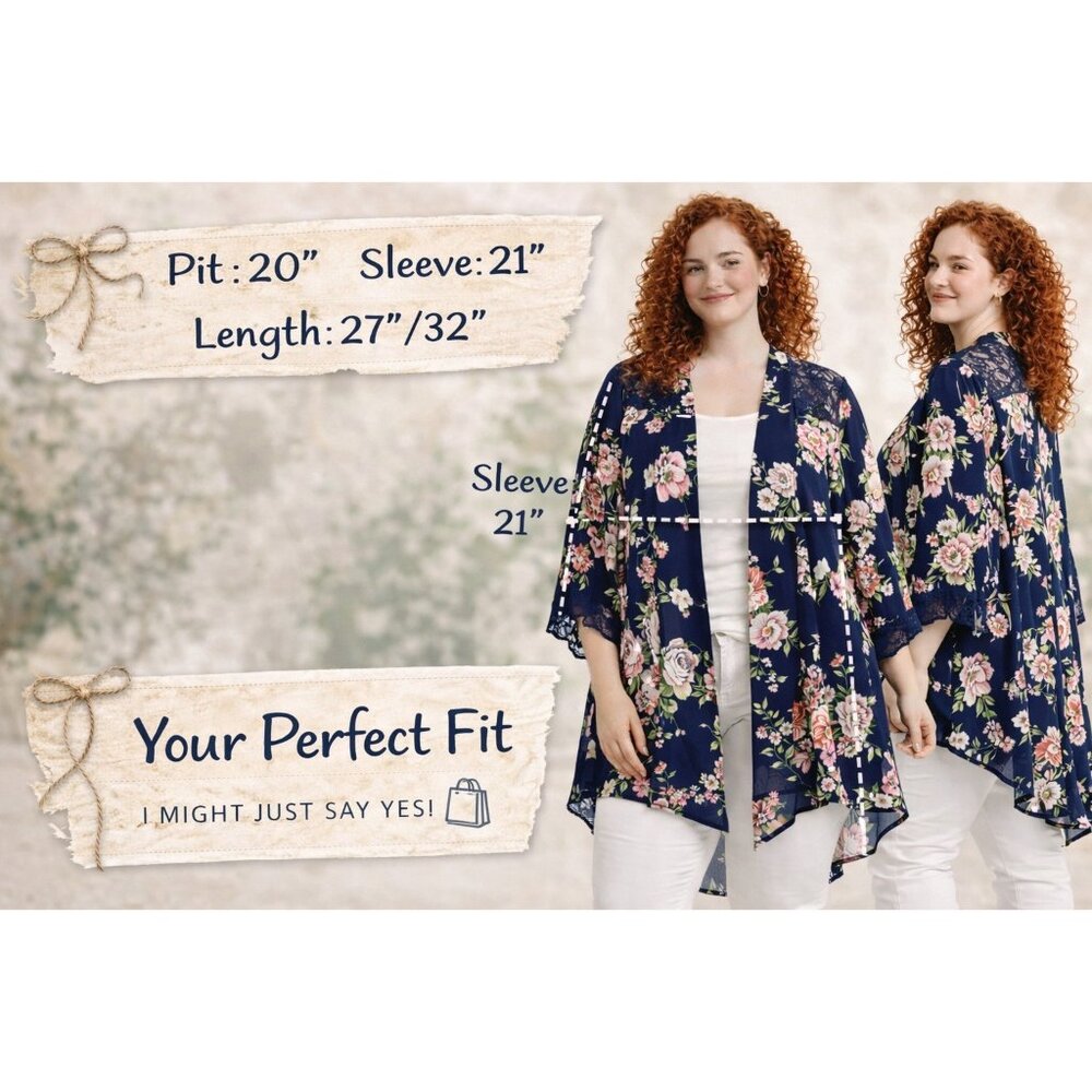 🌸 Emma & Olive Navy Floral Kimono Cardigan Lace Bell Sleeve XL 🌸 - Picture 6 of 6